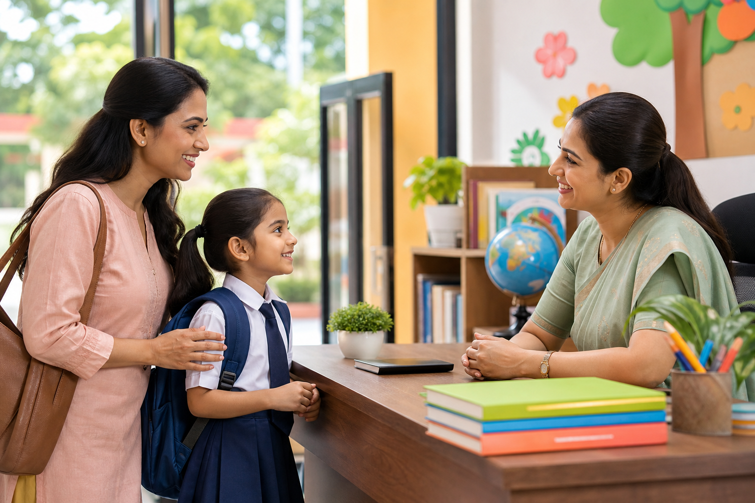 Teacher welcoming a child and parent for school admission